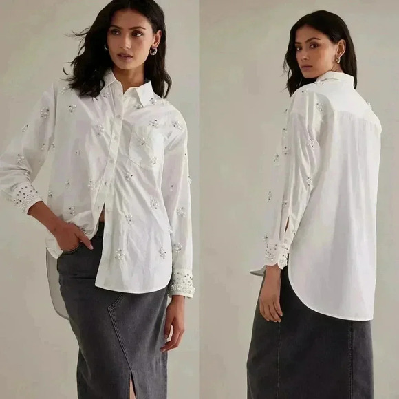 Anthropologie Maeve The Bennet Buttondown Shirt Pearl-Embellished Edition Small - Picture 3 of 7